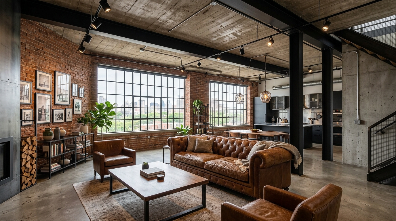 Sala de estar em estilo industrial com parede de tijolos aparentes e teto de cimento queimado