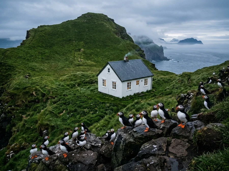 Cabana branca na ilha de Elliðaey com papagaios-do-mar descansando nas rochas escuras em primeiro plano