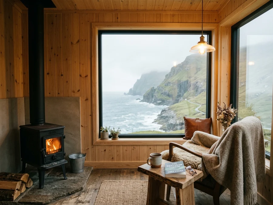 Interior de cabana de madeira clara com fogão a lenha aceso, poltrona com manta de lã e janela com vista para o mar