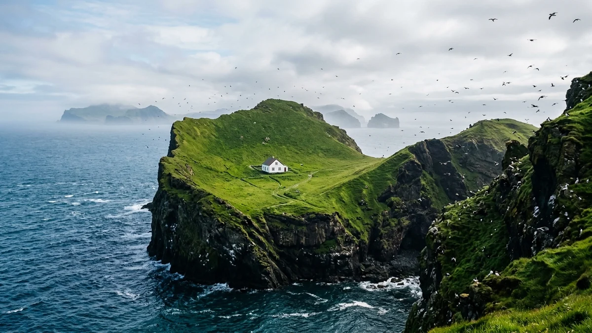A casa branca solitária no topo da ilha vulcânica de Elliðaey na Islândia, cercada por penhascos escuros e mar azul
