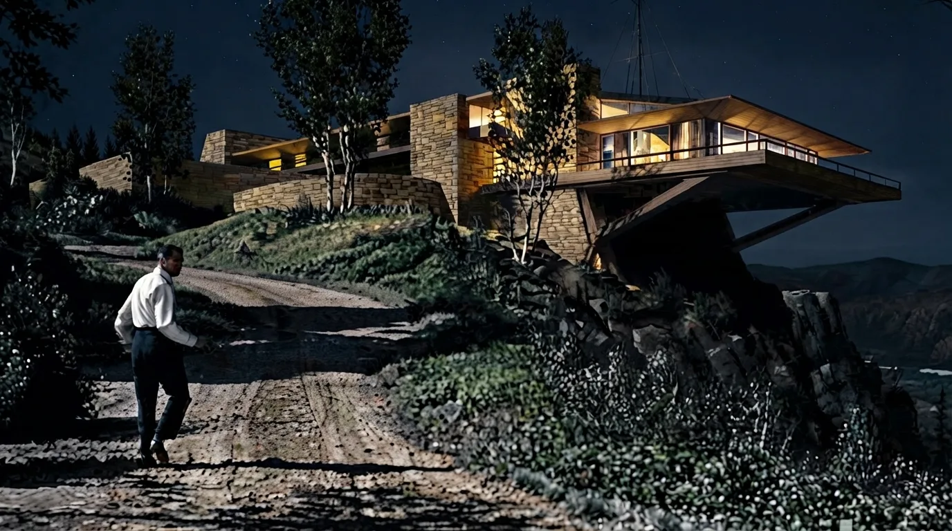 Fachada noturna iluminada da Casa Vandamm com laje em balanço projetada sobre o penhasco rochoso