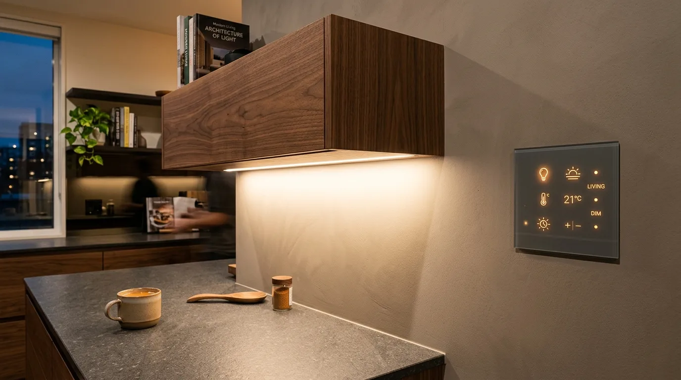 Fita de LED invisível sob móvel de madeira e painel tátil integrado