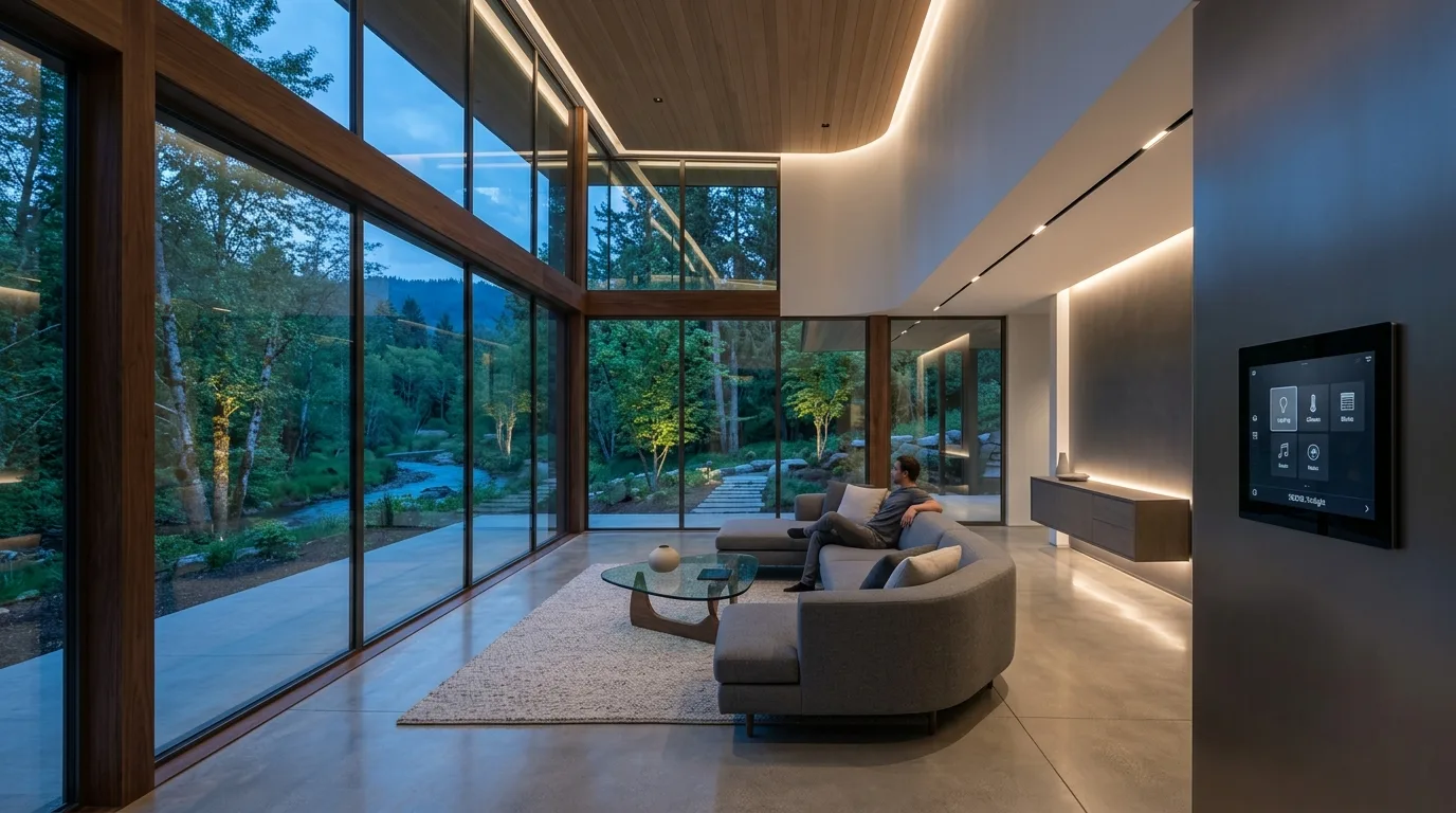 Sala futurista de casa inteligente com iluminação automatizada