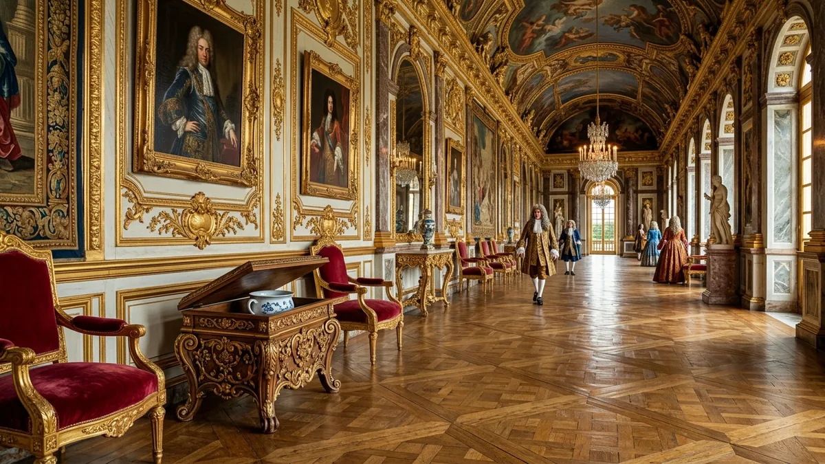 Corredor suntuoso do Palácio de Versalhes com detalhes barrocos