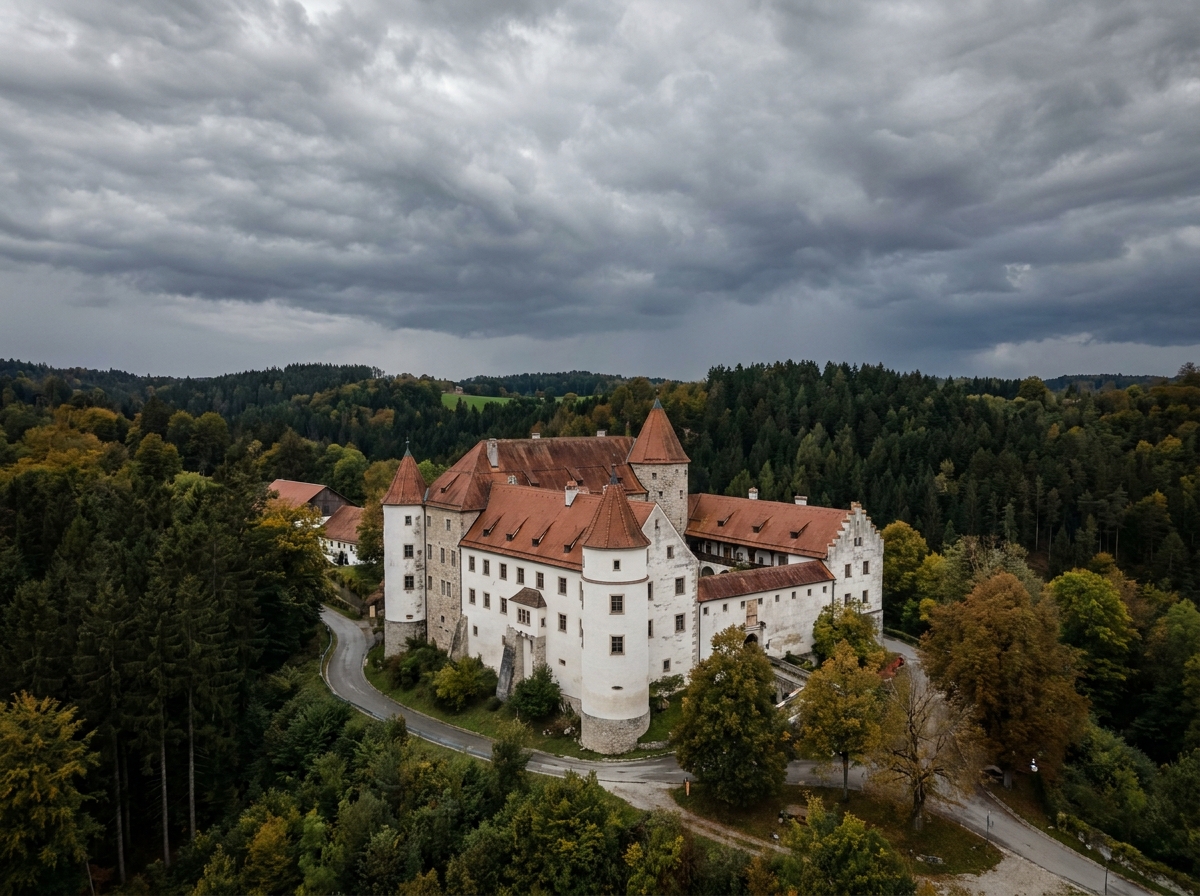 Vista aérea de las torres y bosques de Schloss Neidstein en Alemania