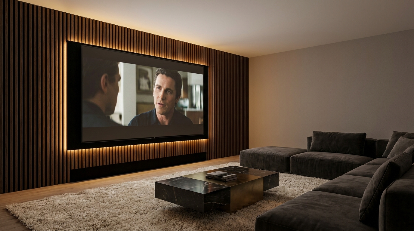 Modern living room home theater with acoustic slatted wood panel and warm LED lighting
