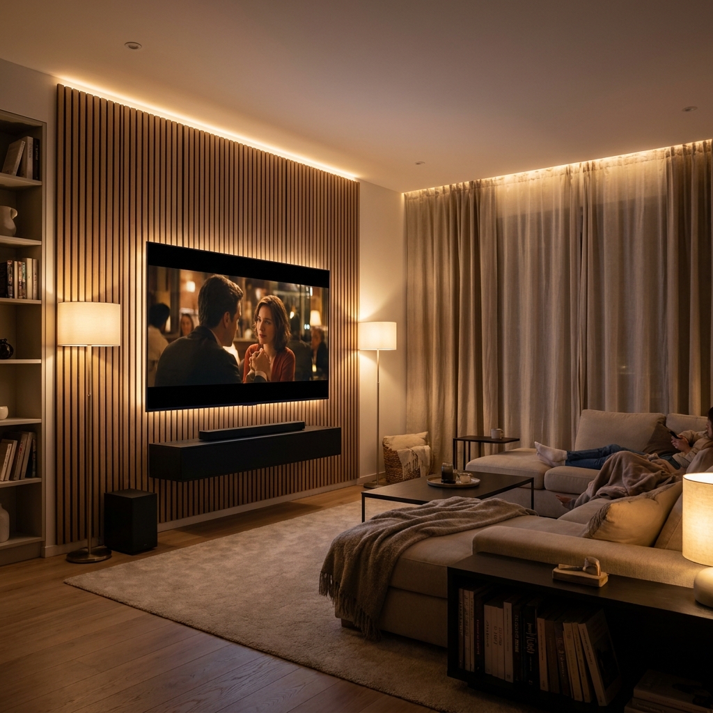 Living room home theater with floating media console and soundbar