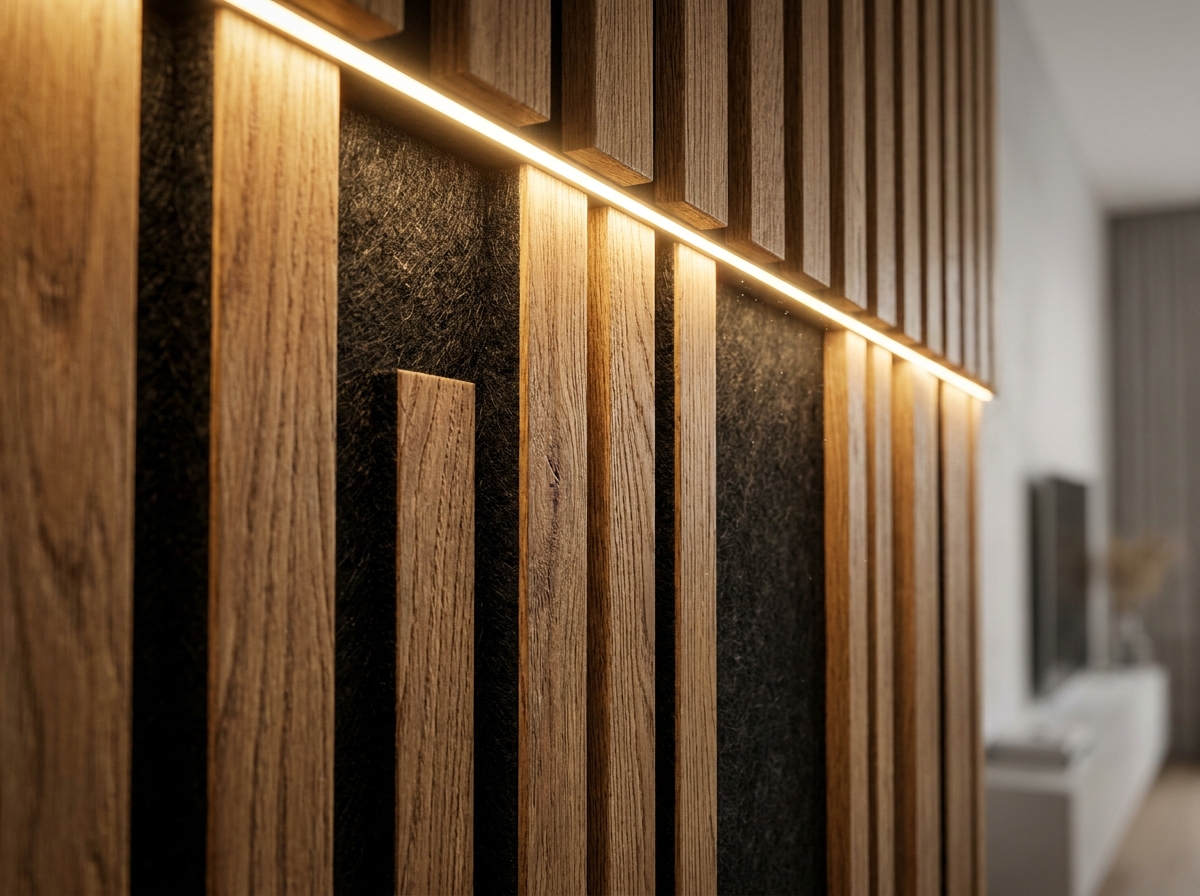 Detail of acoustic slatted wood panel with felt backing and warm LED strip