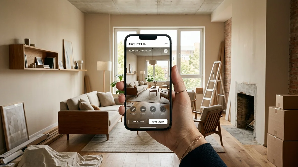 Pessoa segurando smartphone exibindo aplicativo simulador de decoração de ambientes grátis no Arquitet IA