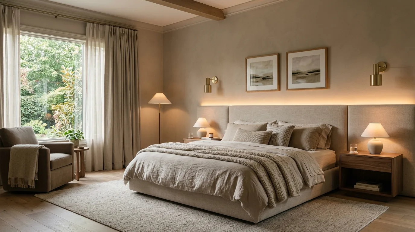 Modern master bedroom decorated with warm ambient lighting and neutral tones