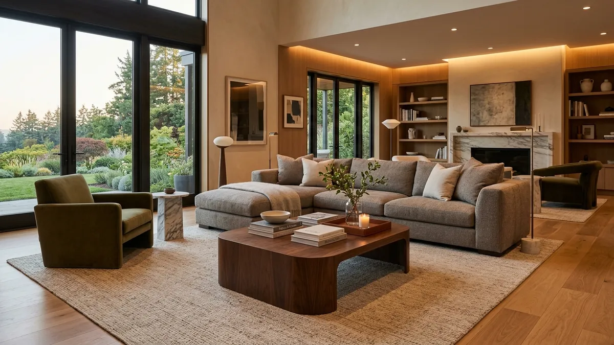 Modern living room with a perfectly sized area rug placed beneath sofa front legs
