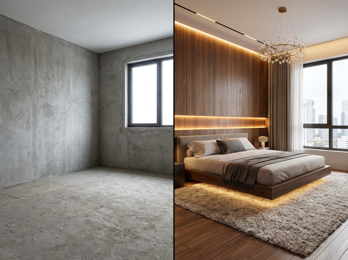Comparativo de quarto com paredes antigas transformado em suíte aconchegante de alto padrão com Arquitet IA