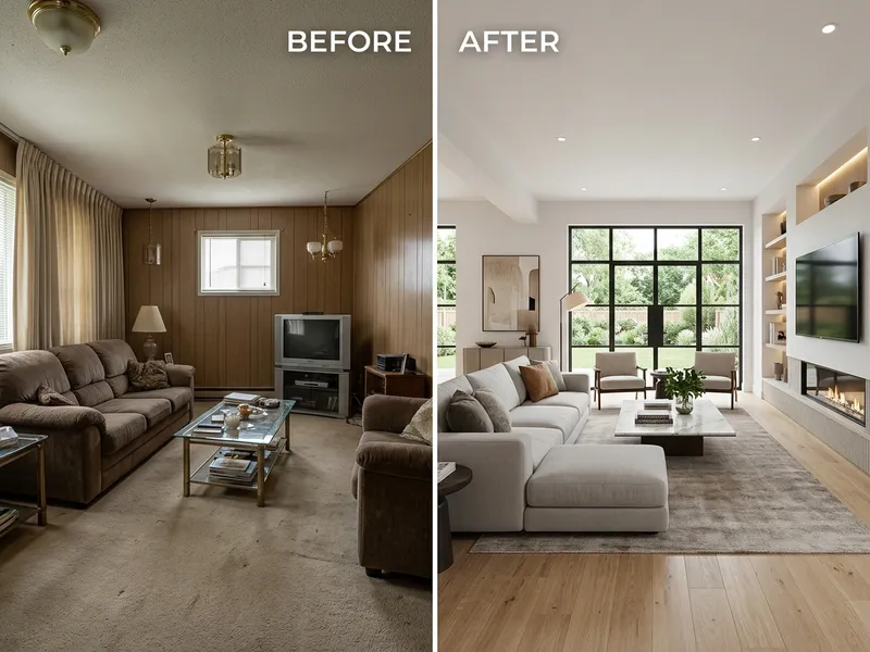 Split screen before and after home renovation simulated with Artificial Intelligence
