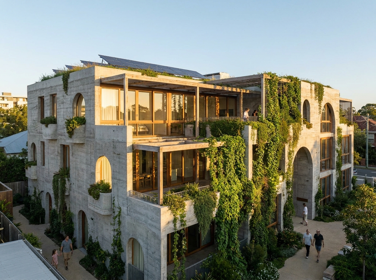 Modern sustainable building incorporating self-healing concrete inspired by ancient Roman engineering