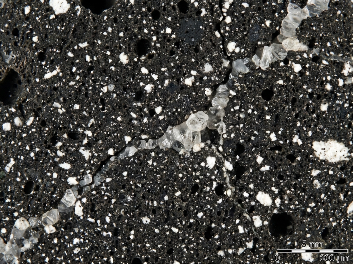 Microscopic detail of Roman concrete structure showing white lime clasts and volcanic ash aggregates