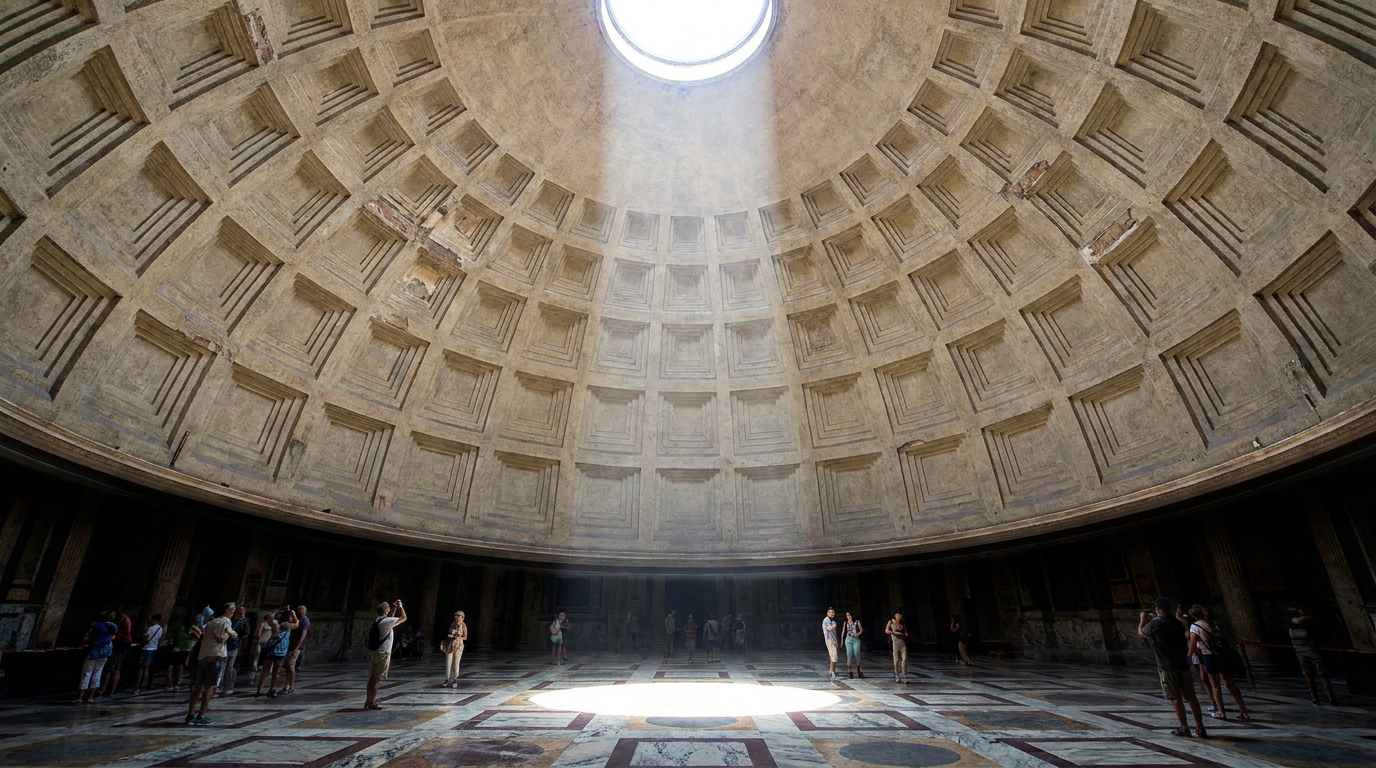 The Pantheon in Rome and its iconic ancient Roman concrete dome illuminated by the central oculus