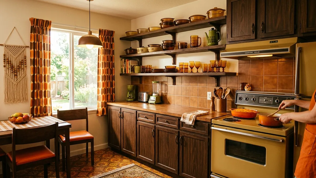 1970s kitchen with amber, burnt orange and chocolate brown color palette — harvest gold appliances, smoked Pyrex and Duralex glassware on open wooden shelves, macrame wall hanging