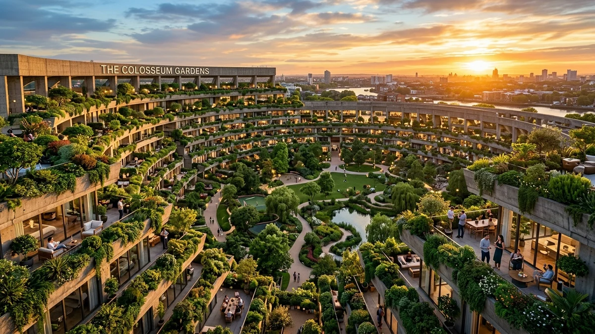 Antigo estádio de concreto brutalista transformado em residencial de luxo com jardins suspensos e lago no pátio central