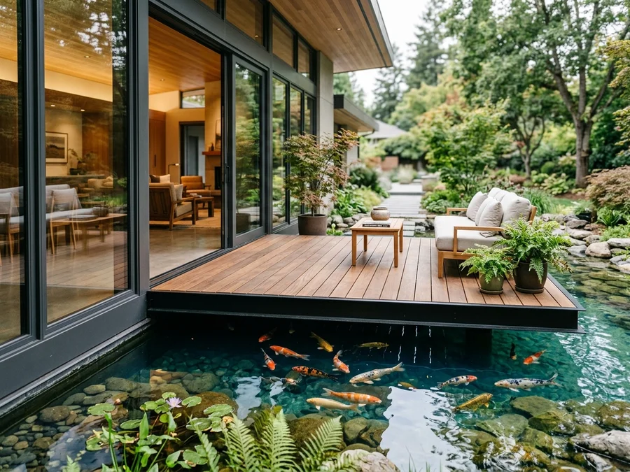 Plataforma de madera suspendida flotando sobre estanque de carpas koi junto a ventanales correderos de vivienda