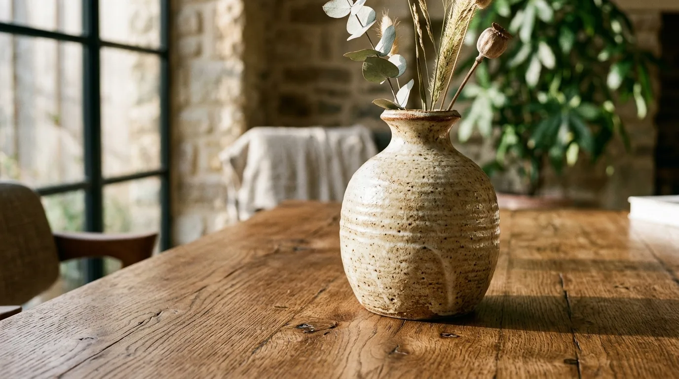 Handmade ceramic vase on natural timber surface with warm ambient lighting