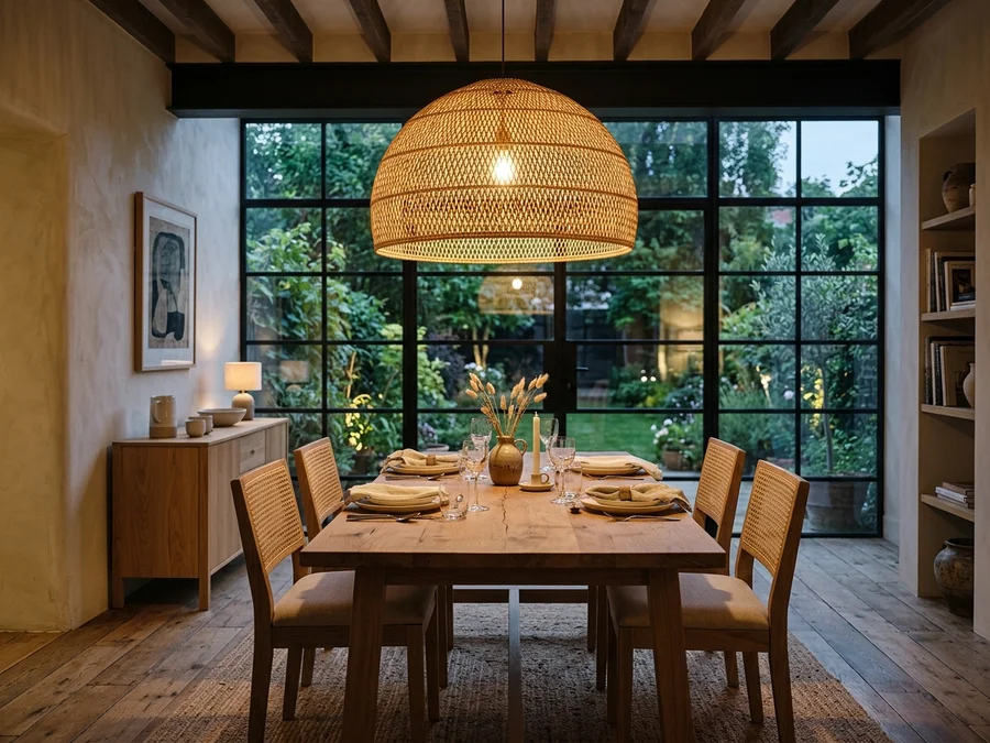 Inviting dining area with woven rattan dome pendant fixture casting warm yellow light over natural oak table