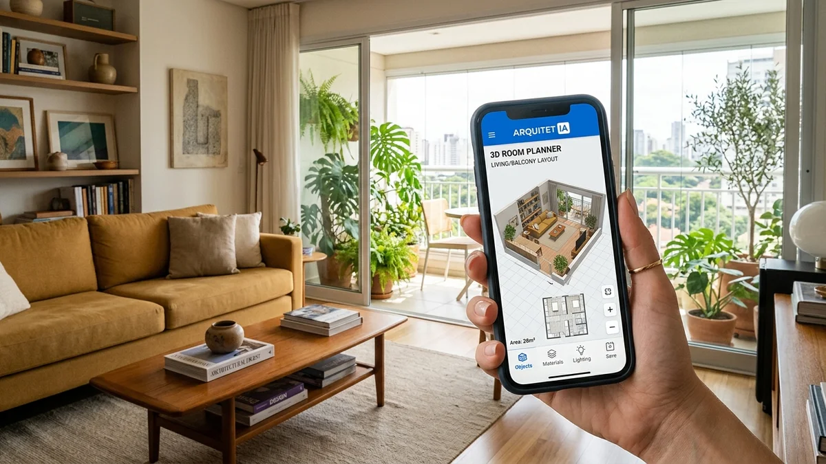 Hand holding smartphone displaying 3D room planner app simulation in front of open apartment balcony living area