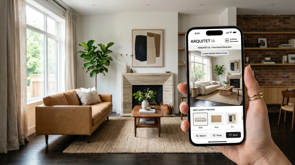 Mão segurando smartphone exibindo tela do aplicativo Arquitet IA com simulação de decorador de ambientes em 3D em sala de estar