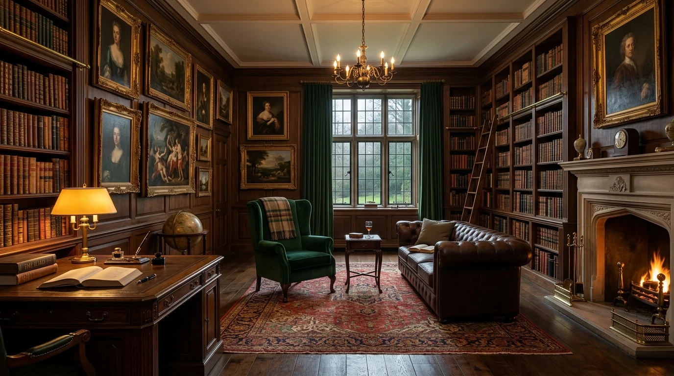 Dark Academia home library and study with floor-to-ceiling walnut bookshelves, classic books, green velvet armchair, leather Chesterfield sofa, and warm fireplace