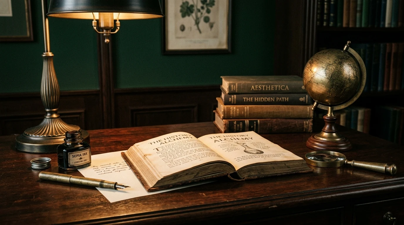 Dark mahogany study desk with open antique leather-bound book, brass fountain pen, small vintage brass globe, magnifying glass, and warm desk lamp