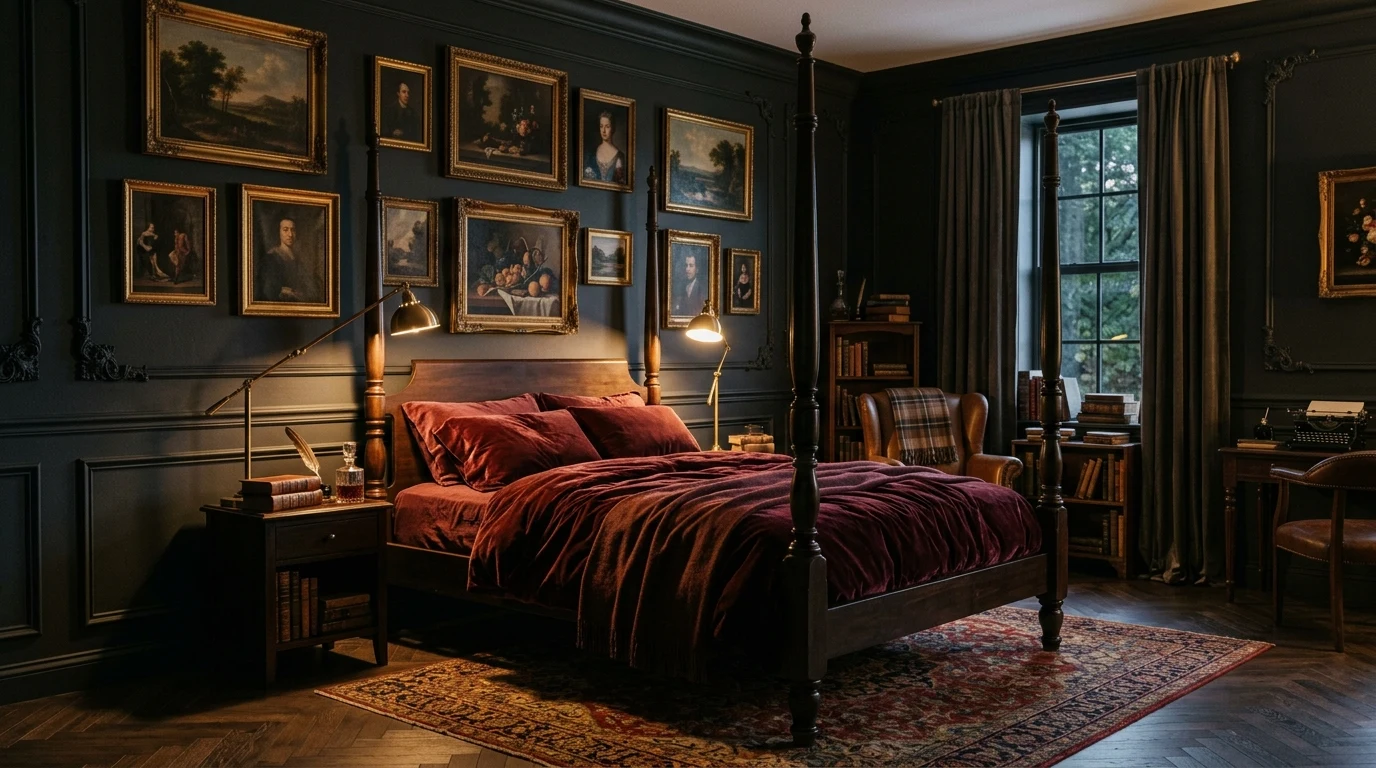 Moody Dark Academia bedroom with charcoal walls, dark wood four-poster bed, burgundy velvet duvet, brass reading sconces, and classical gallery wall