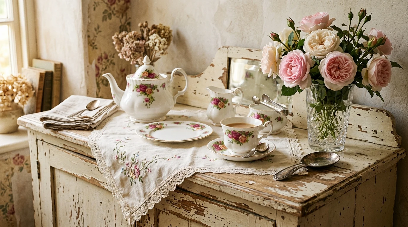 Distressed white antique buffet displaying a vintage English porcelain floral tea set, embroidered linen runner, and fresh pink roses