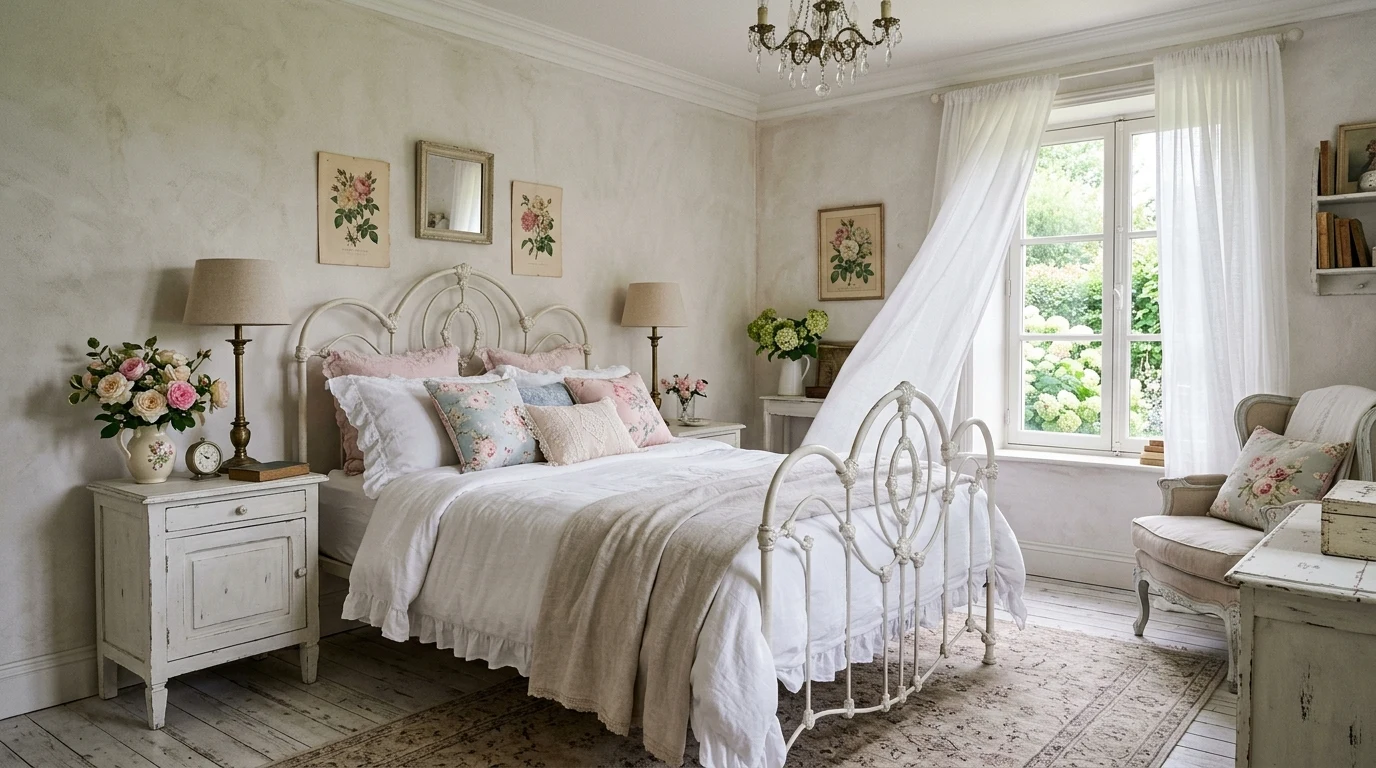 Romantic Shabby Chic bedroom sanctuary with white wrought iron bed, ruffled duvet, distressed nightstand, and morning sunlight