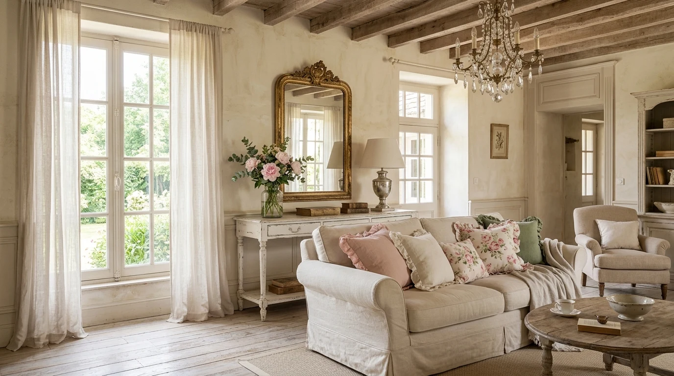 Romantic Shabby Chic living room with cream linen sofa, pastel floral pillows, distressed white patina console table, vintage ornate mirror, and crystal chandelier