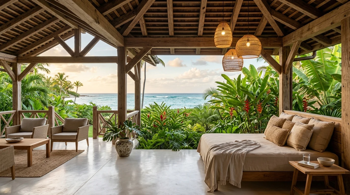 Open-air beach house covered patio with exposed timber beams, generous daybed, lush garden, and ocean view
