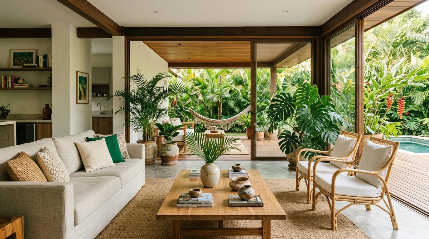 Spacious modern tropical living room with light linen sofa, natural rattan armchairs, vibrant greenery, and direct access to an open-air veranda