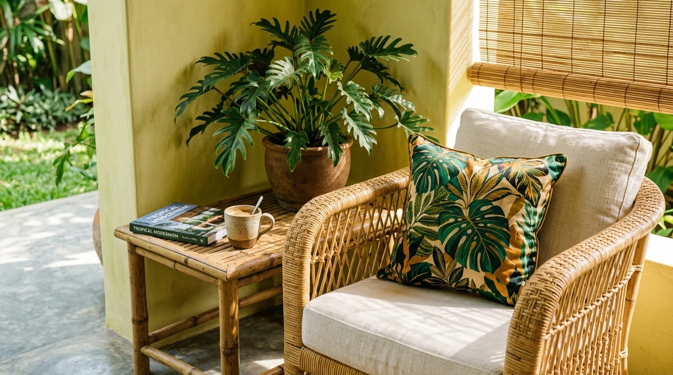 Serene reading nook featuring a woven rattan armchair, botanical throw pillow, and natural bamboo side table