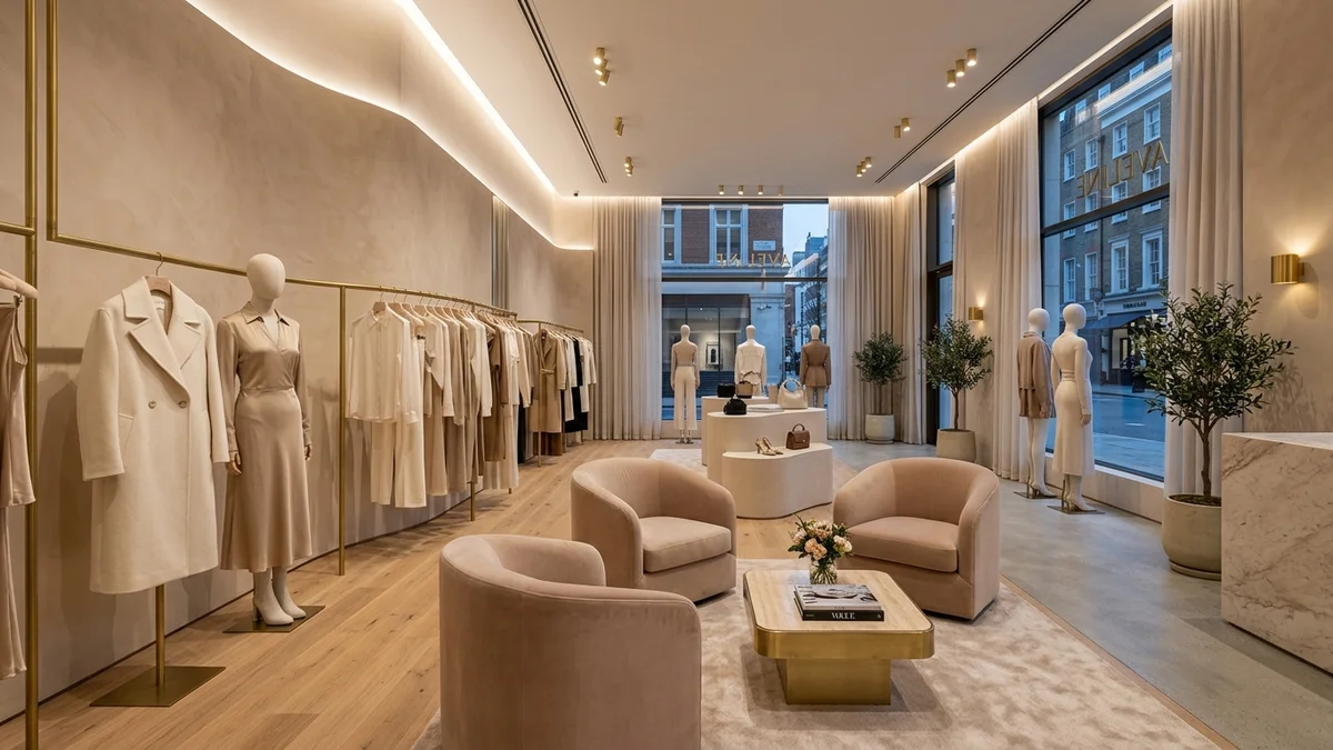 Boutique de moda feminina elegante com araras de latão dourado, tons nude e poltronas confortáveis