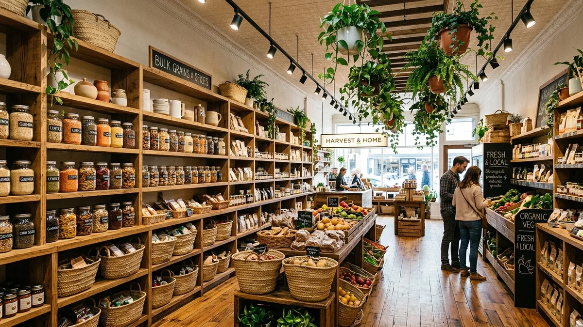 Organic natural food emporium with rustic timber shelves, glass grain jars, and woven straw baskets