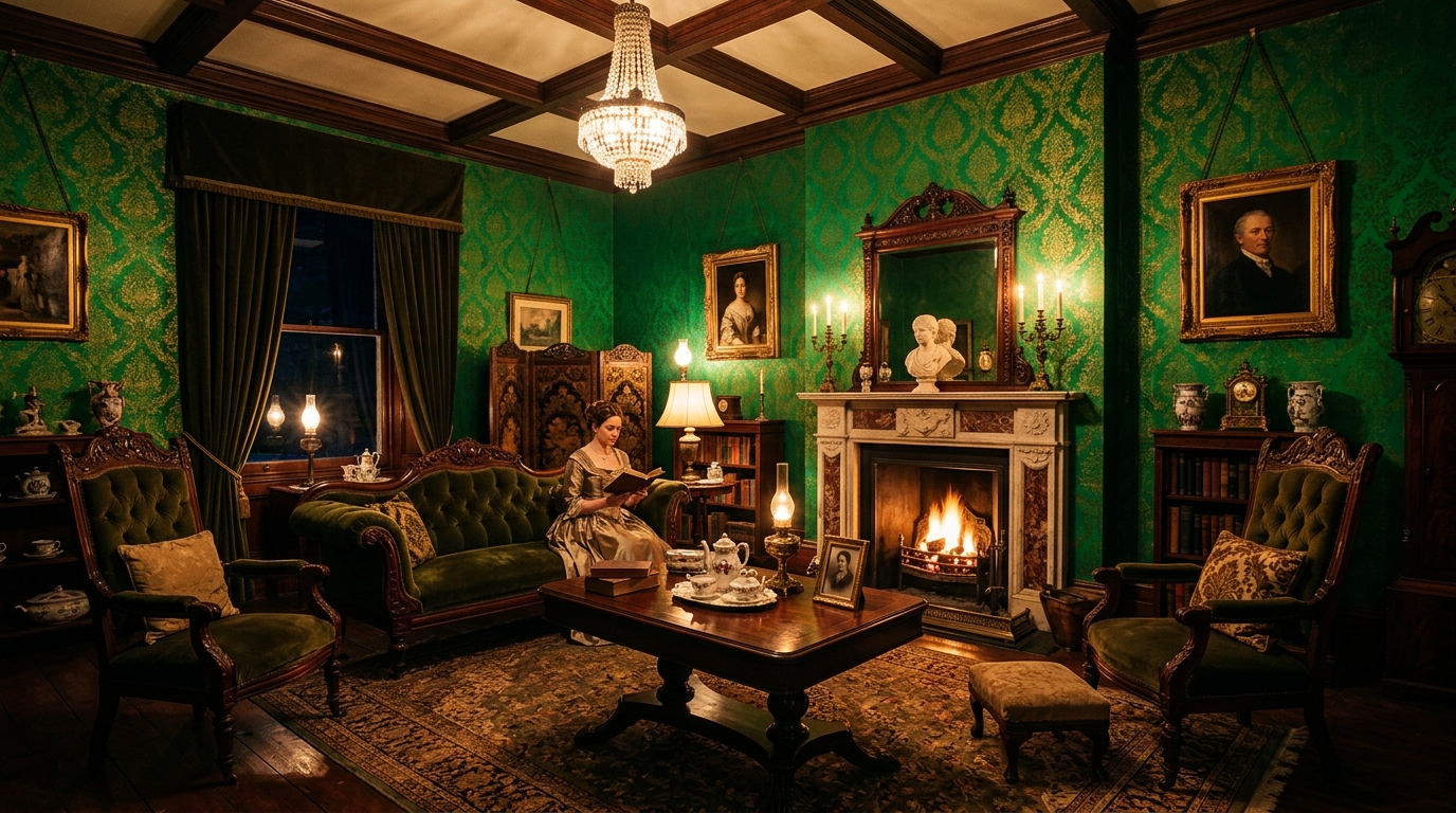 19th century Victorian living room adorned with emerald green wallpaper