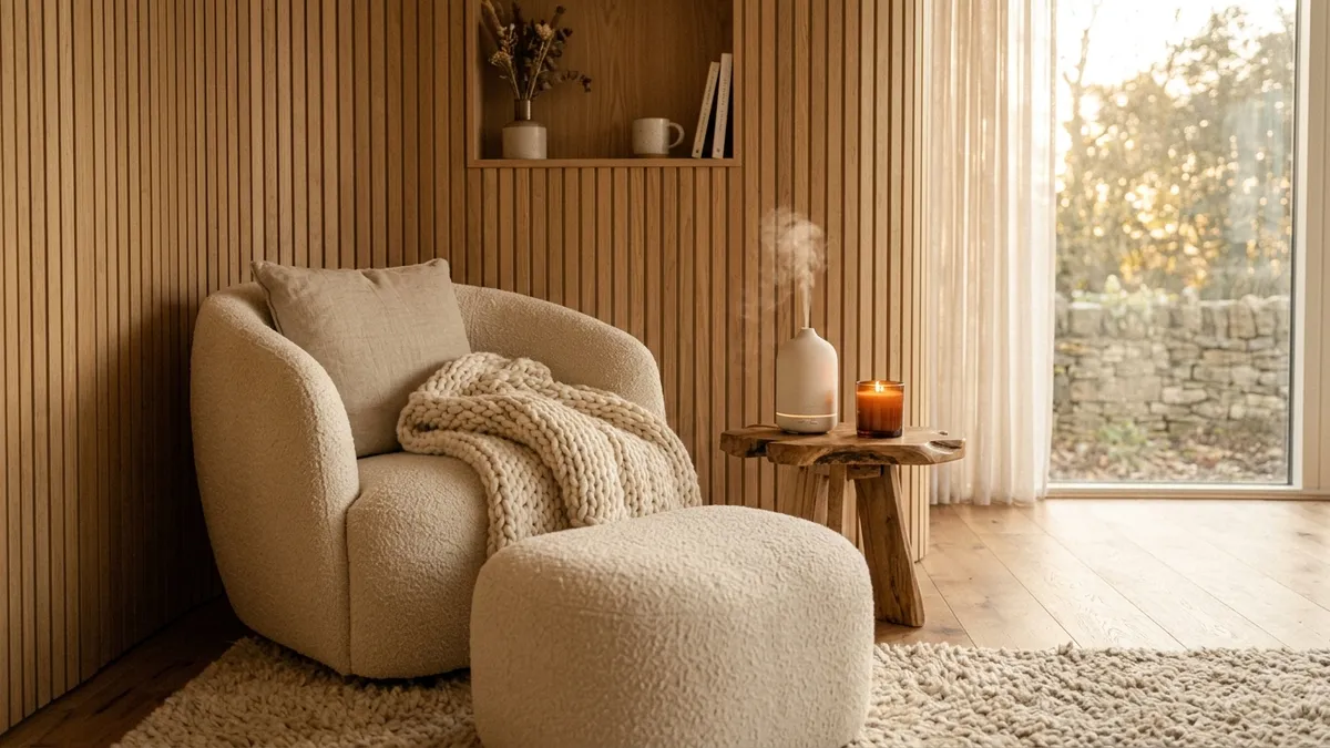 Cozy sensory living room setup with ceramic essential oil diffuser, lit amber glass candle, chunky knit wool throw and plush rug