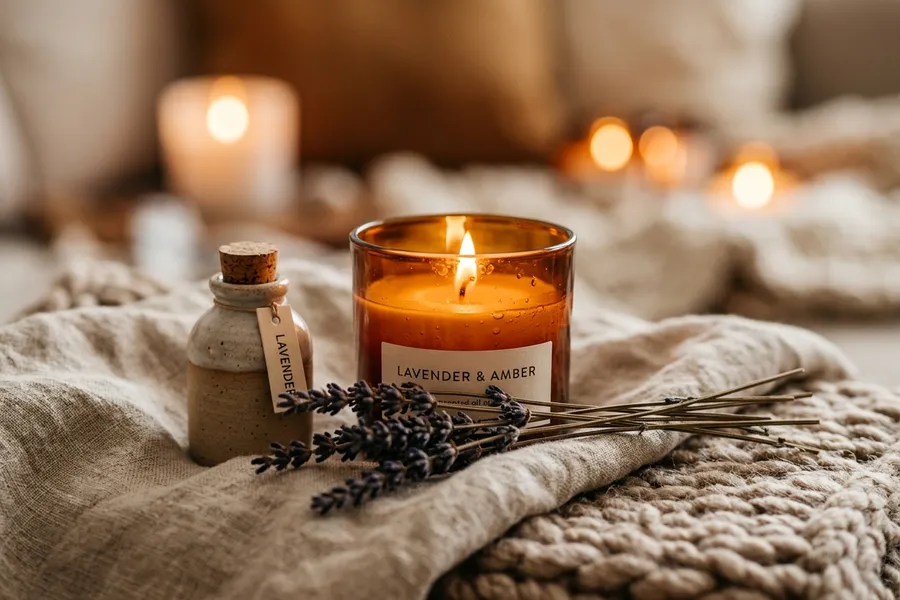 Lit amber glass scented candle with lavender essential oil bottle and dried lavender sprig