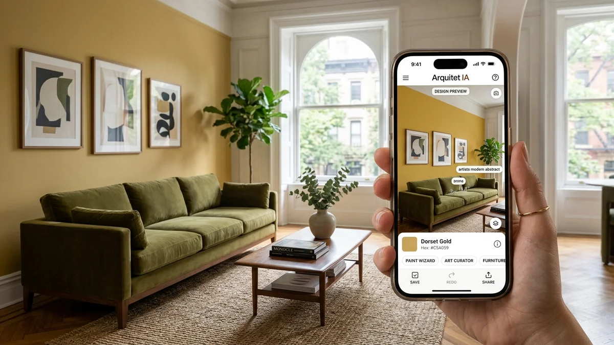 Pessoa segurando smartphone mostrando aplicativo decorador de ambientes grátis em sala de estar moderna