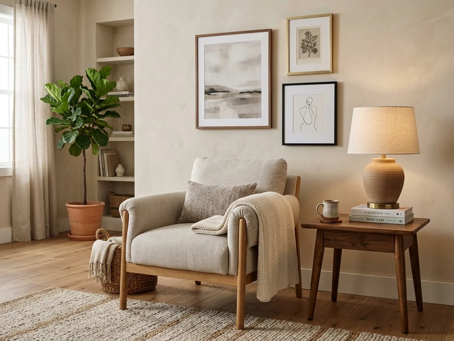 Canto aconchegante de sala de estar com poltrona de linho neutro, mesa lateral de madeira com abajur de cerâmica e quadros decorativos