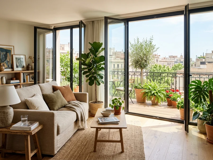 Apartment living room integrated with glass balcony, light wood flooring, beige sofa, and strategic greenery