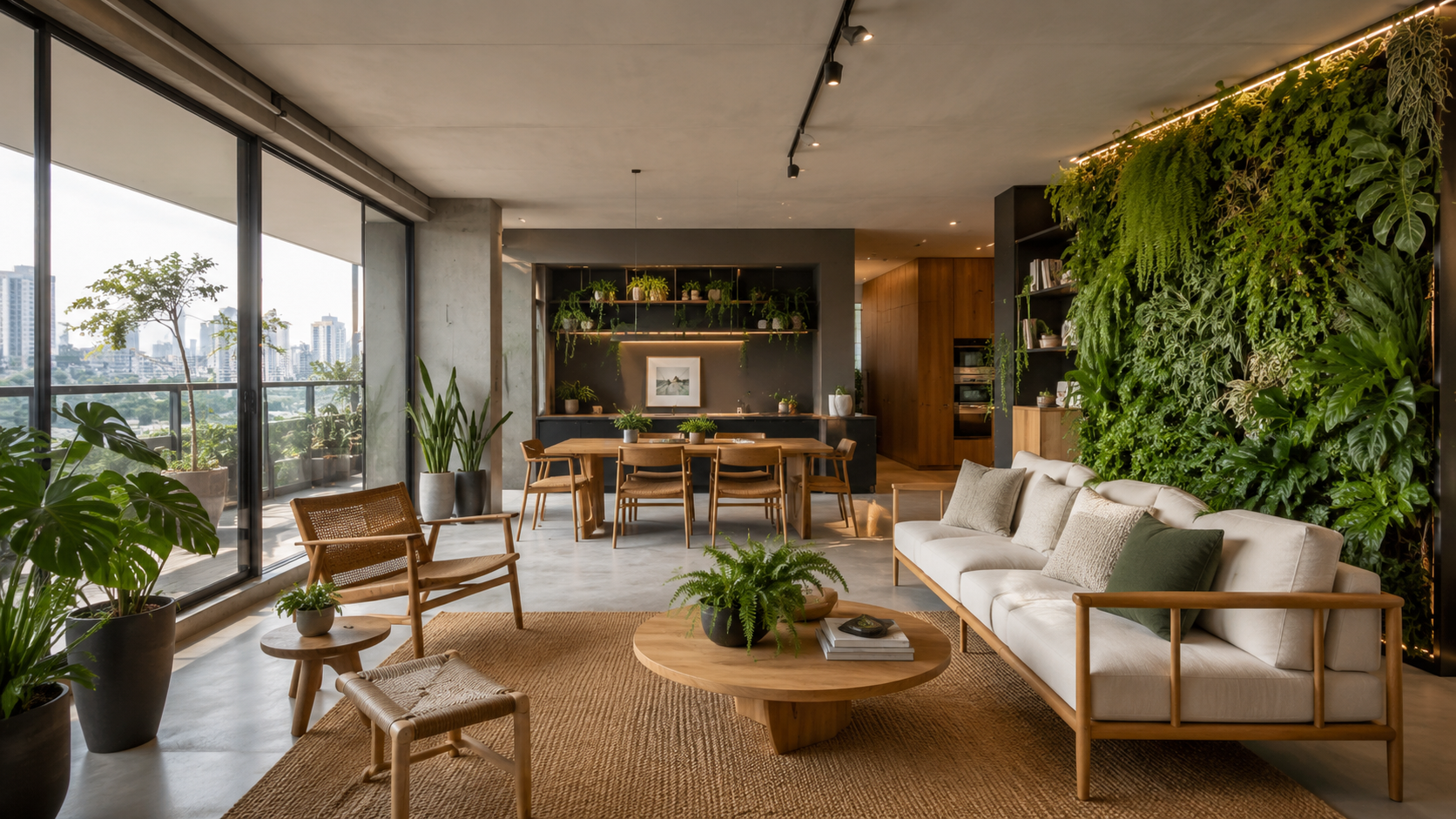 Modern apartment decorated with air-purifying plants, green wall, and abundant natural light