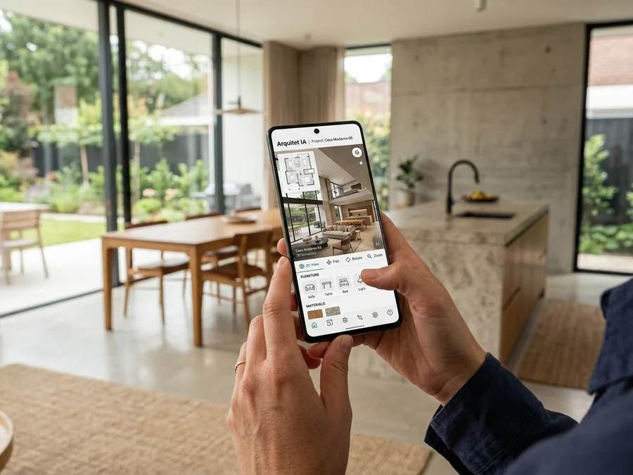 Mãos segurando smartphone com simulação em 3D de planta baixa e layout residencial no Arquitet IA