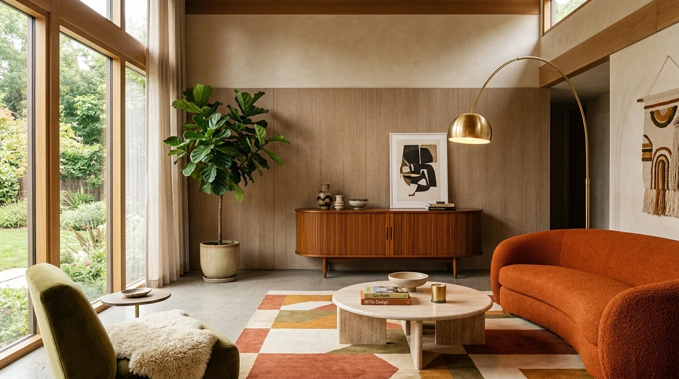 Sala de estar retrô aconchegante com credenza em madeira nobre, poltrona mostarda anos 70 e luminária em latão