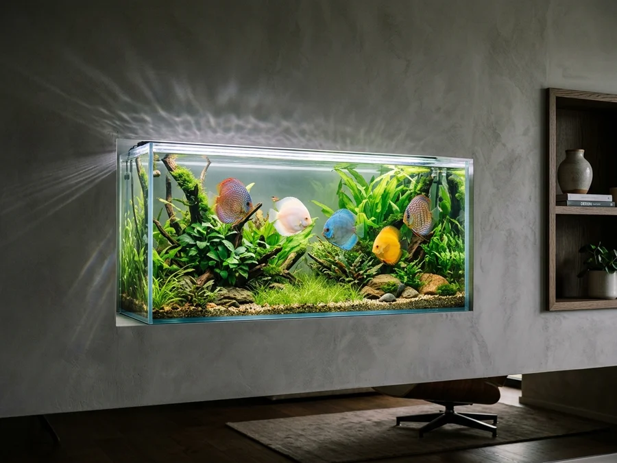 Scenic LED lighting projecting subtle water ripples on living room wall above embedded aquarium
