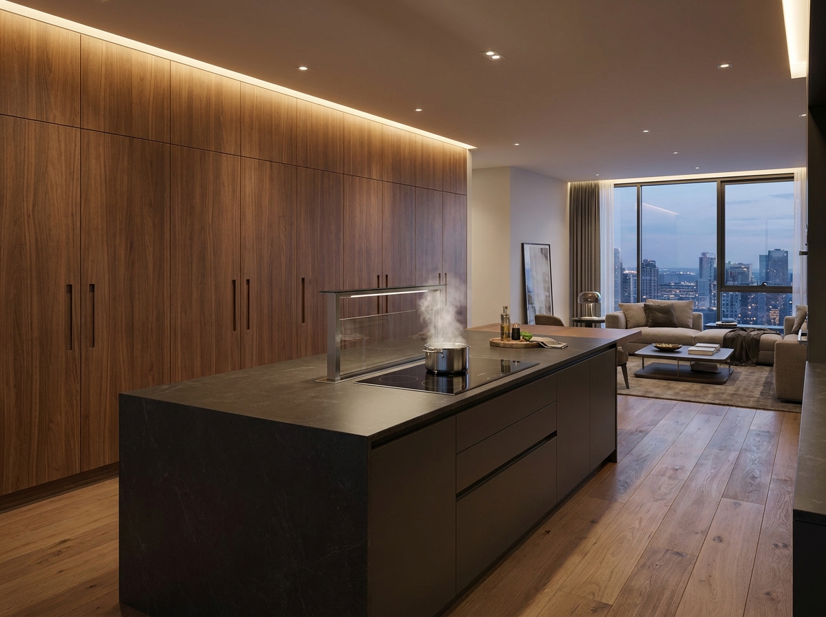 Wide view of gourmet kitchen island with pop-up downdraft hood and concealed cabinet wall