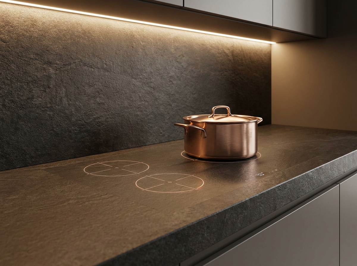 Close-up detail of invisible induction cooktop under porcelain slab countertop with subtle etchings